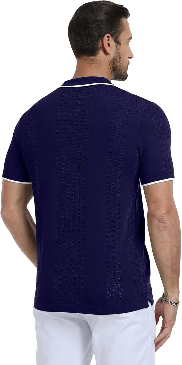 KUYIGO Men's Knit Polo Shirts Short Sleeve Button Collared Shirt Hollow Out Fashion Casual Spring Tops
