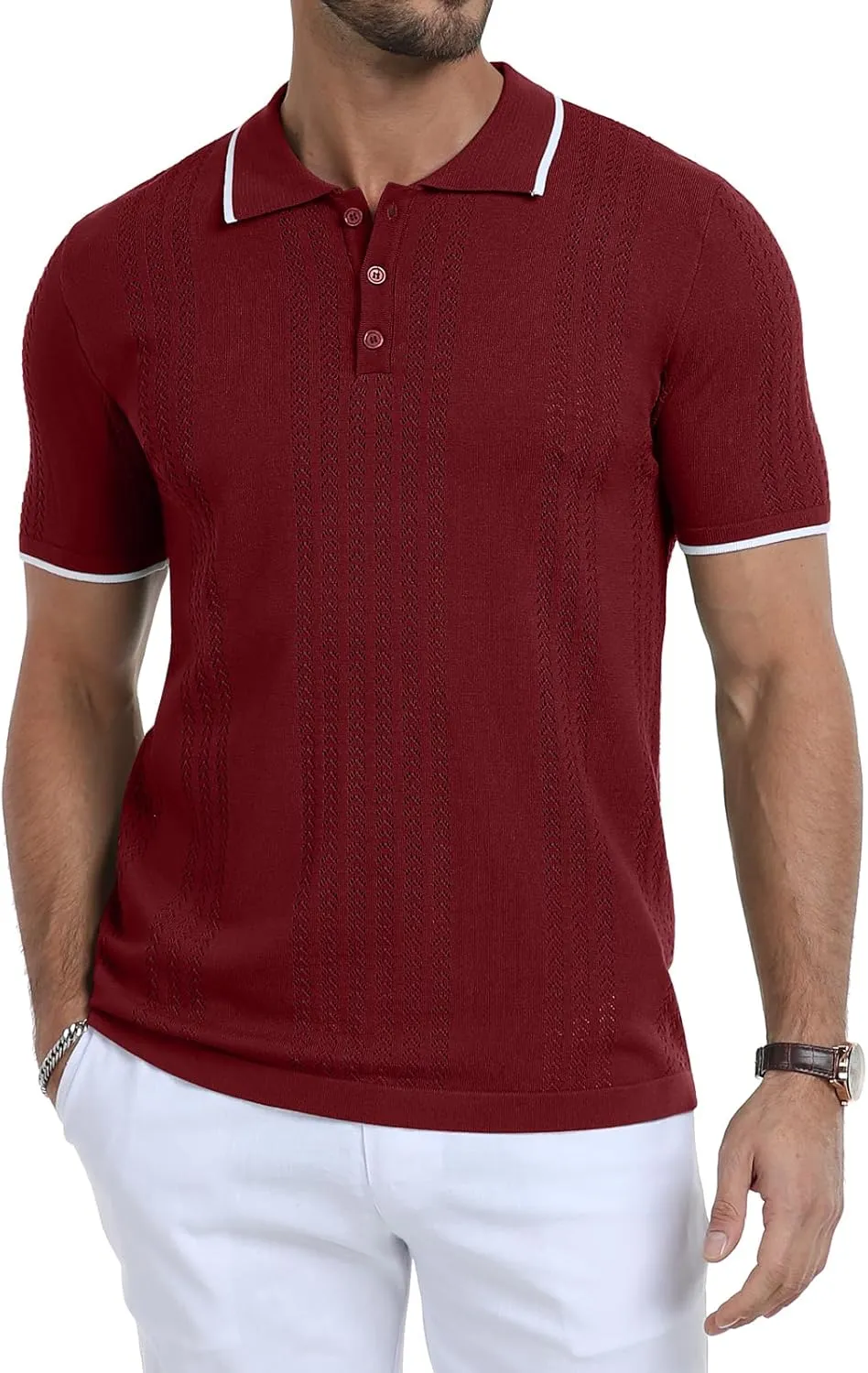 KUYIGO Men's Knit Polo Shirts Short Sleeve Button Collared Shirt Hollow Out Fashion Casual Spring Tops