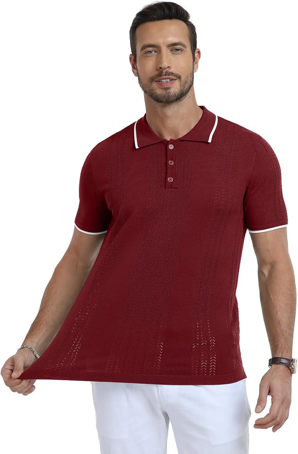 KUYIGO Men's Knit Polo Shirts Short Sleeve Button Collared Shirt Hollow Out Fashion Casual Spring Tops