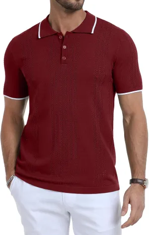 KUYIGO Men's Knit Polo Shirts Short Sleeve Button Collared Shirt Hollow Out Fashion Casual Spring Tops