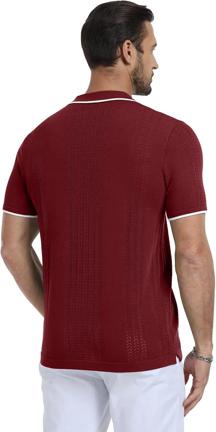 KUYIGO Men's Knit Polo Shirts Short Sleeve Button Collared Shirt Hollow Out Fashion Casual Spring Tops