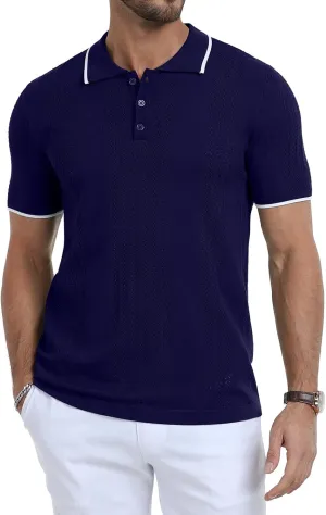 KUYIGO Men's Knit Polo Shirts Short Sleeve Button Collared Shirt Hollow Out Fashion Casual Spring Tops