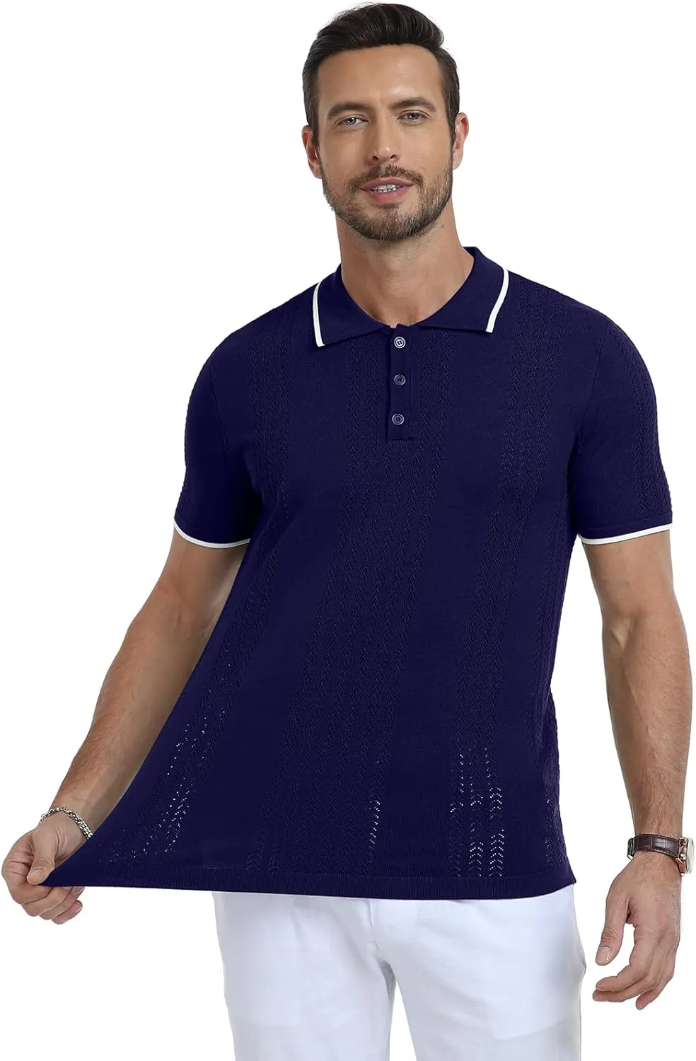 KUYIGO Men's Knit Polo Shirts Short Sleeve Button Collared Shirt Hollow Out Fashion Casual Spring Tops