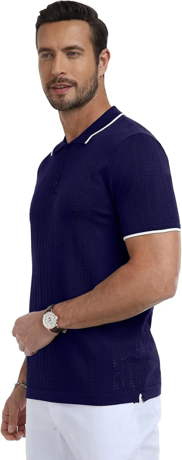 KUYIGO Men's Knit Polo Shirts Short Sleeve Button Collared Shirt Hollow Out Fashion Casual Spring Tops