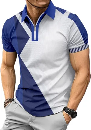 Men's Color Block Short Sleeve Polo T-Shirts Quarter Zip Casual Summer Tees Loose Fit Lapel Outdoor T-Shirt