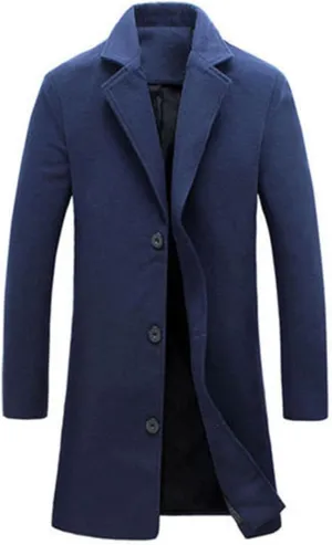 Men's Wool Blend Trench Coat Hip Length Lapel Overcoat Slim Fit Single Breasted Pea Coats Windbreaker Jacket