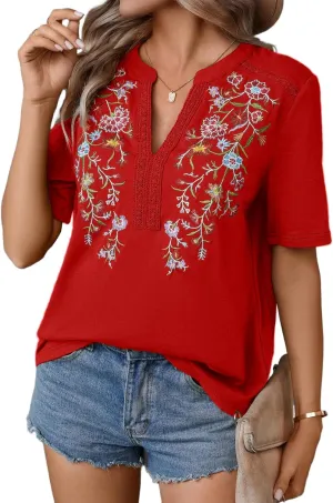 Mexican Shirts for Women Embroidered Tops Traditional Summer Blouse Floral Tunic V Neck Short Sleeve T Shirt