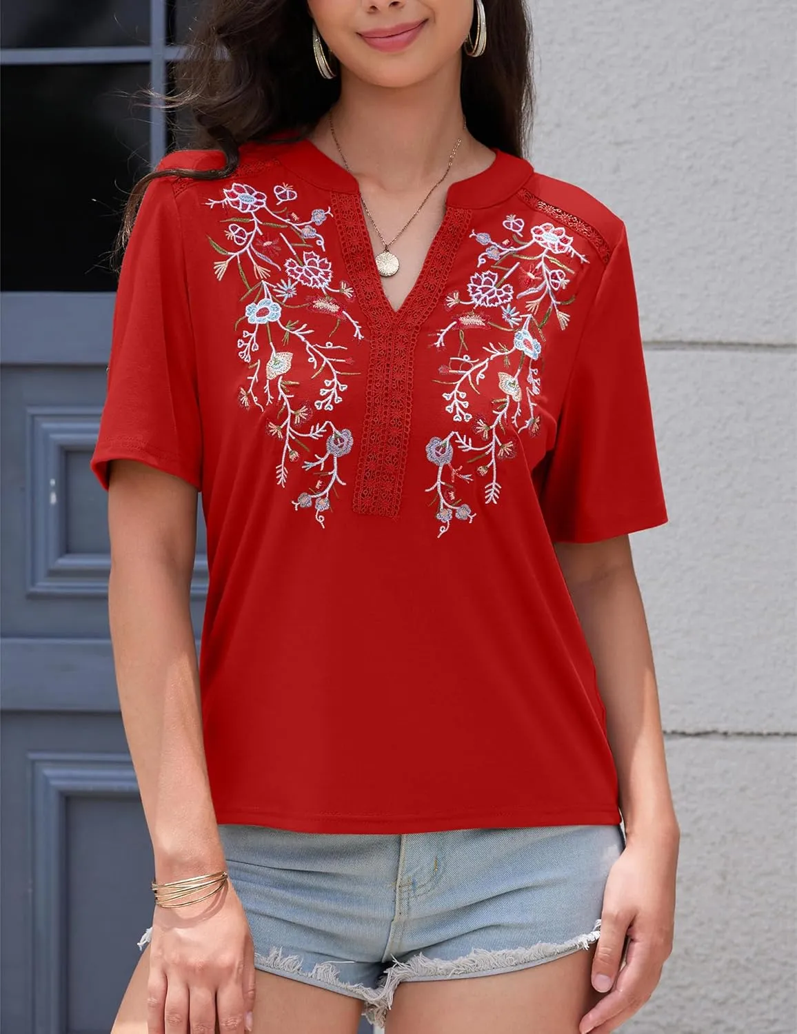 Mexican Shirts for Women Embroidered Tops Traditional Summer Blouse Floral Tunic V Neck Short Sleeve T Shirt