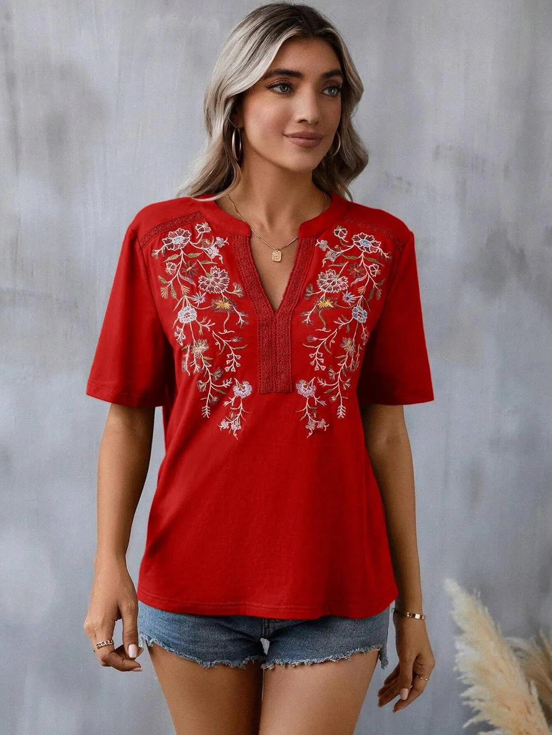 Mexican Shirts for Women Embroidered Tops Traditional Summer Blouse Floral Tunic V Neck Short Sleeve T Shirt