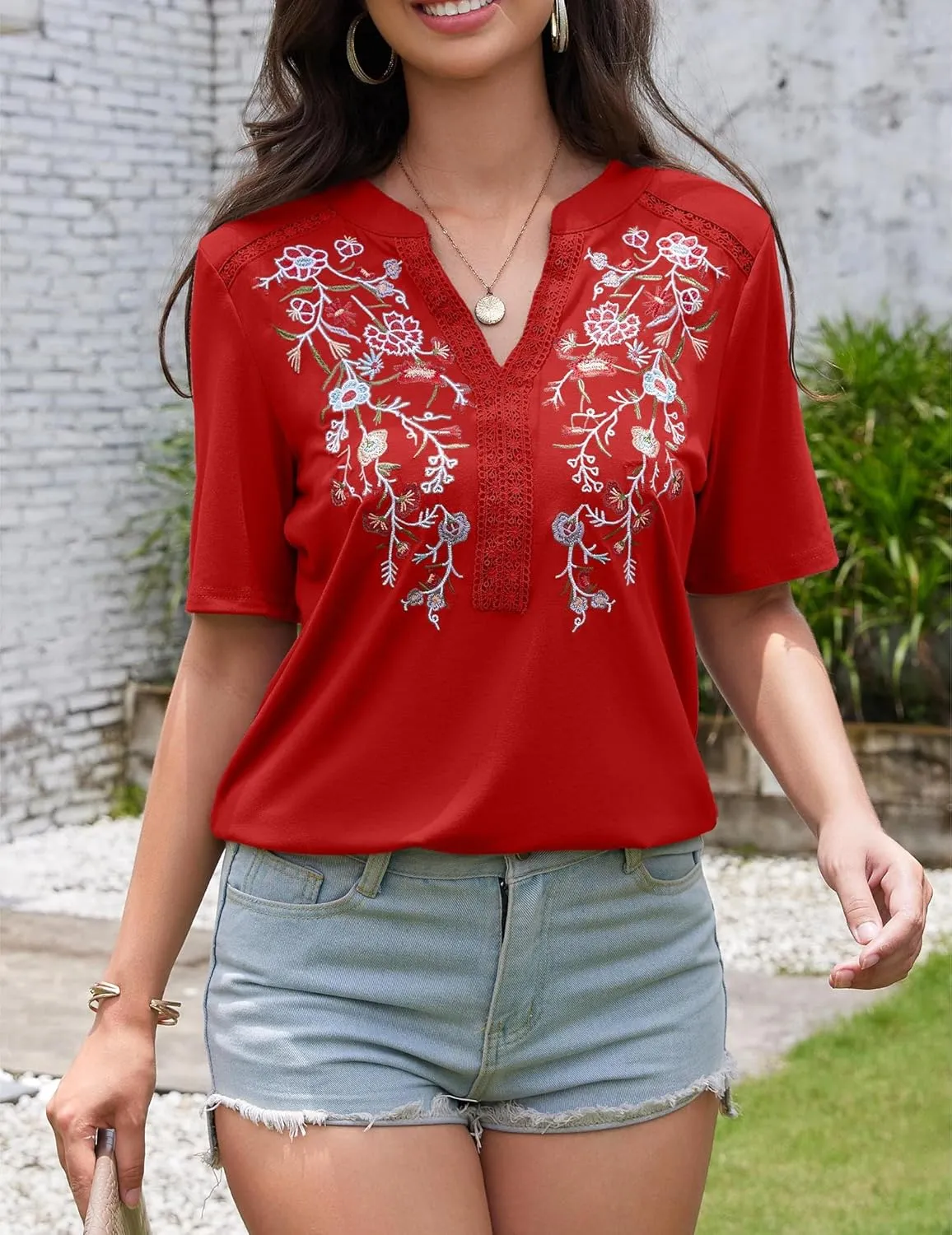 Mexican Shirts for Women Embroidered Tops Traditional Summer Blouse Floral Tunic V Neck Short Sleeve T Shirt