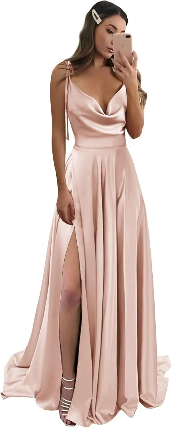 Monvelli Cowl Neck Satin Bridesmaid Dresses Long with Slit Spaghetti Straps Formal Prom Evening Gowns with Pockets 2025