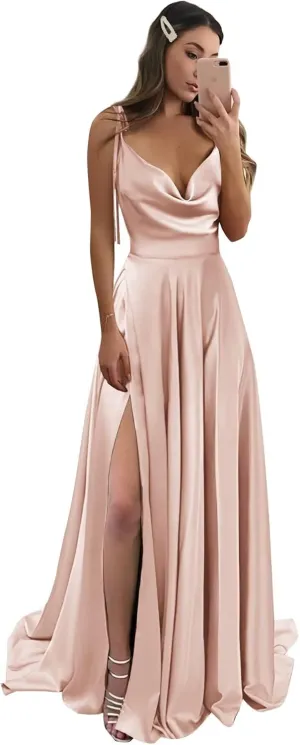 Monvelli Cowl Neck Satin Bridesmaid Dresses Long with Slit Spaghetti Straps Formal Prom Evening Gowns with Pockets 2025