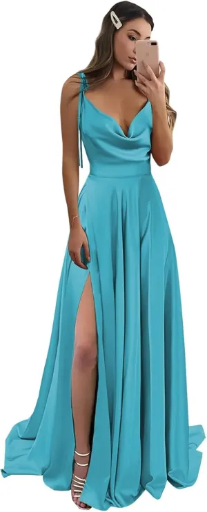 Monvelli Cowl Neck Satin Bridesmaid Dresses Long with Slit Spaghetti Straps Formal Prom Evening Gowns with Pockets 2025