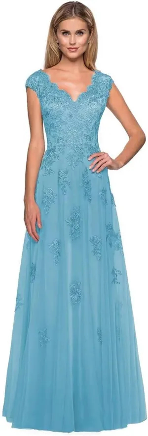 Mother of The Bride Dresses Cap Sleeve V-Neck Long Tulle Formal Evening Gowns for Women with Pockets