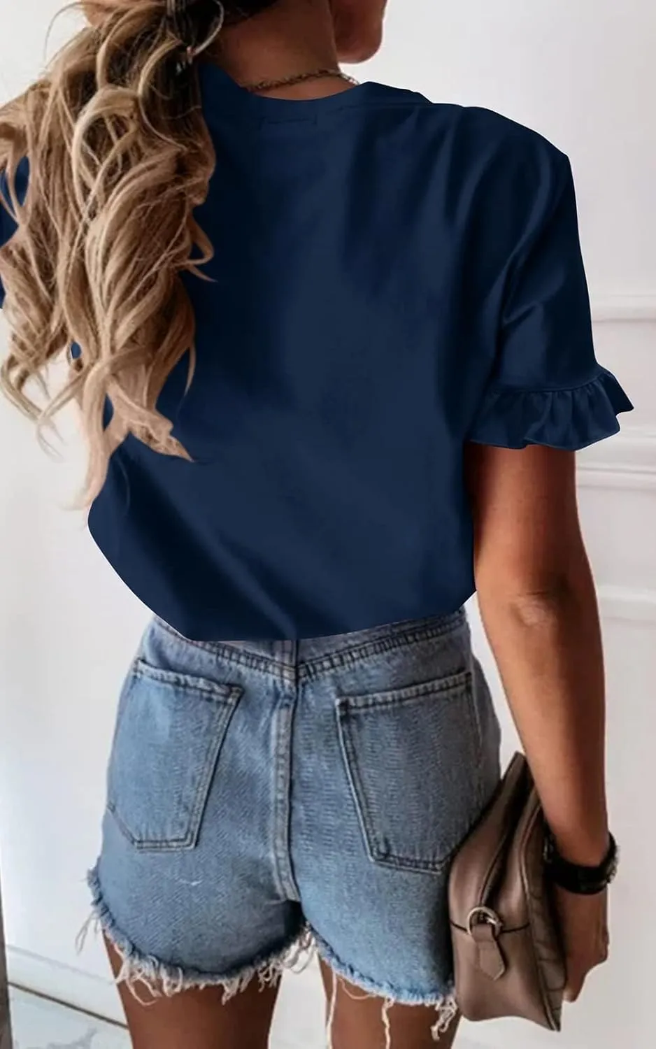 PRETTYGARDEN Women's Short Sleeve Casual T Shirts Summer Ruffle Plain Round Neck Loose Fit Tee Blouse Tops
