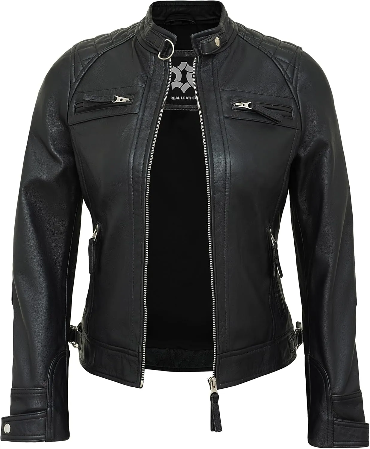 Real Lambskin Trendy Womens Leather Jackets Moto Biker Style Zip Up Motorcycle Jacket Women Outerwear With Pockets