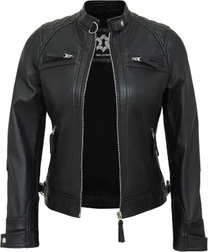 Real Lambskin Trendy Womens Leather Jackets Moto Biker Style Zip Up Motorcycle Jacket Women Outerwear With Pockets