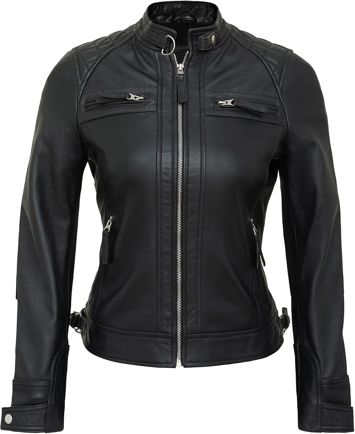 Real Lambskin Trendy Womens Leather Jackets Moto Biker Style Zip Up Motorcycle Jacket Women Outerwear With Pockets