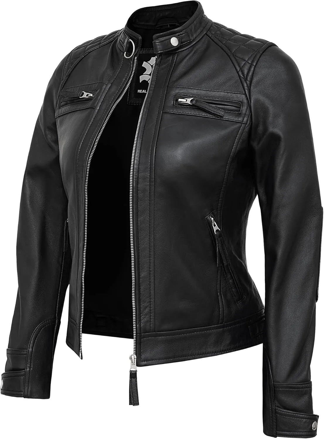 Real Lambskin Trendy Womens Leather Jackets Moto Biker Style Zip Up Motorcycle Jacket Women Outerwear With Pockets