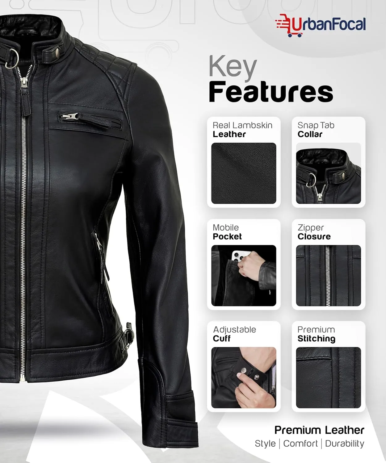 Real Lambskin Trendy Womens Leather Jackets Moto Biker Style Zip Up Motorcycle Jacket Women Outerwear With Pockets