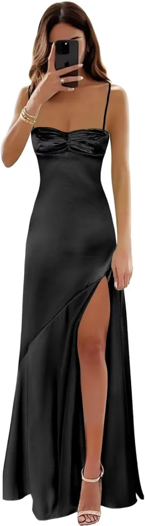 Satin Corset Prom Dresses Long Spaghetti Straps A-Line Pleated Bridesmaid Dress Formal Evening Gowns with Slit