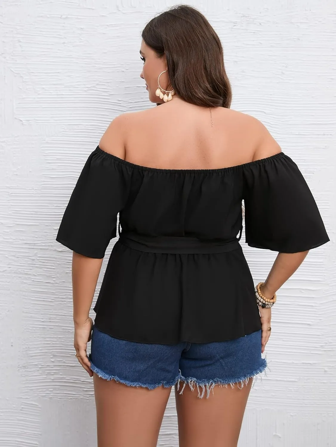 SCOMCHIC Women's Plus Size Off The Shoulder Peplum Blouse Top Half Bell Sleeve Tie Waist Ruffle Hem Babydoll Tops