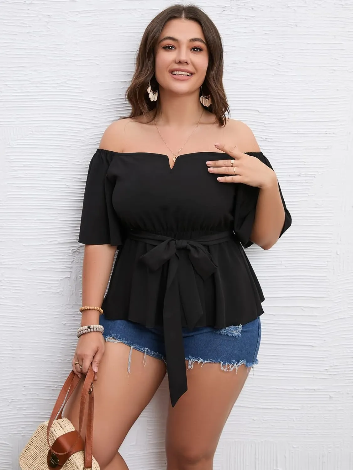 SCOMCHIC Women's Plus Size Off The Shoulder Peplum Blouse Top Half Bell Sleeve Tie Waist Ruffle Hem Babydoll Tops
