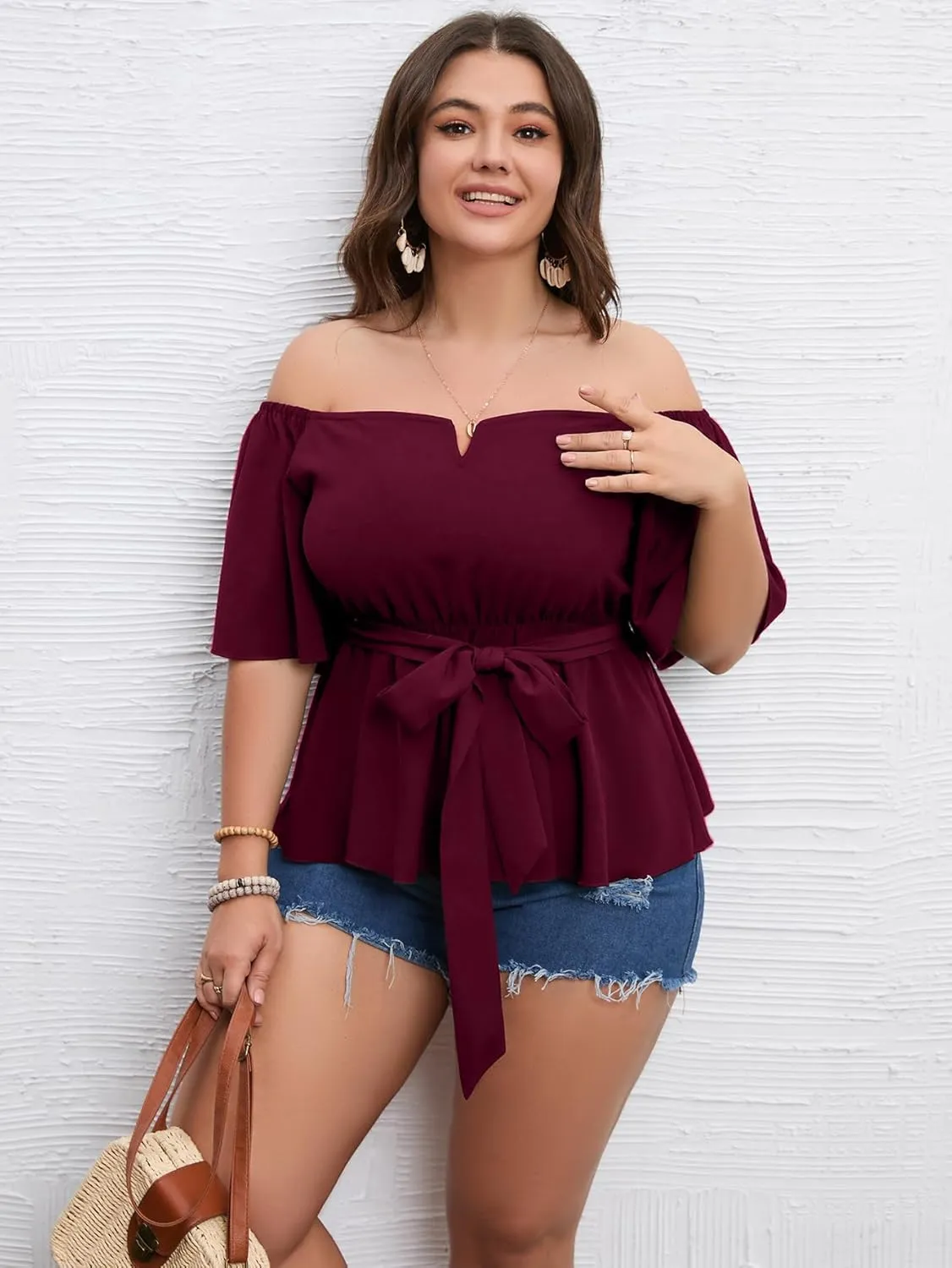 SCOMCHIC Women's Plus Size Off The Shoulder Peplum Blouse Top Half Bell Sleeve Tie Waist Ruffle Hem Babydoll Tops