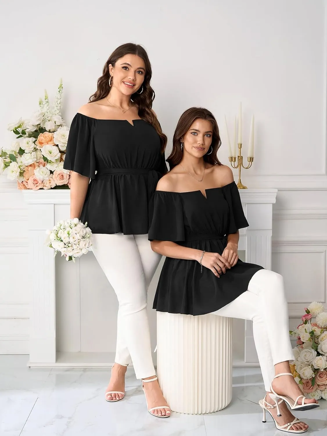 SCOMCHIC Women's Plus Size Off The Shoulder Peplum Blouse Top Half Bell Sleeve Tie Waist Ruffle Hem Babydoll Tops