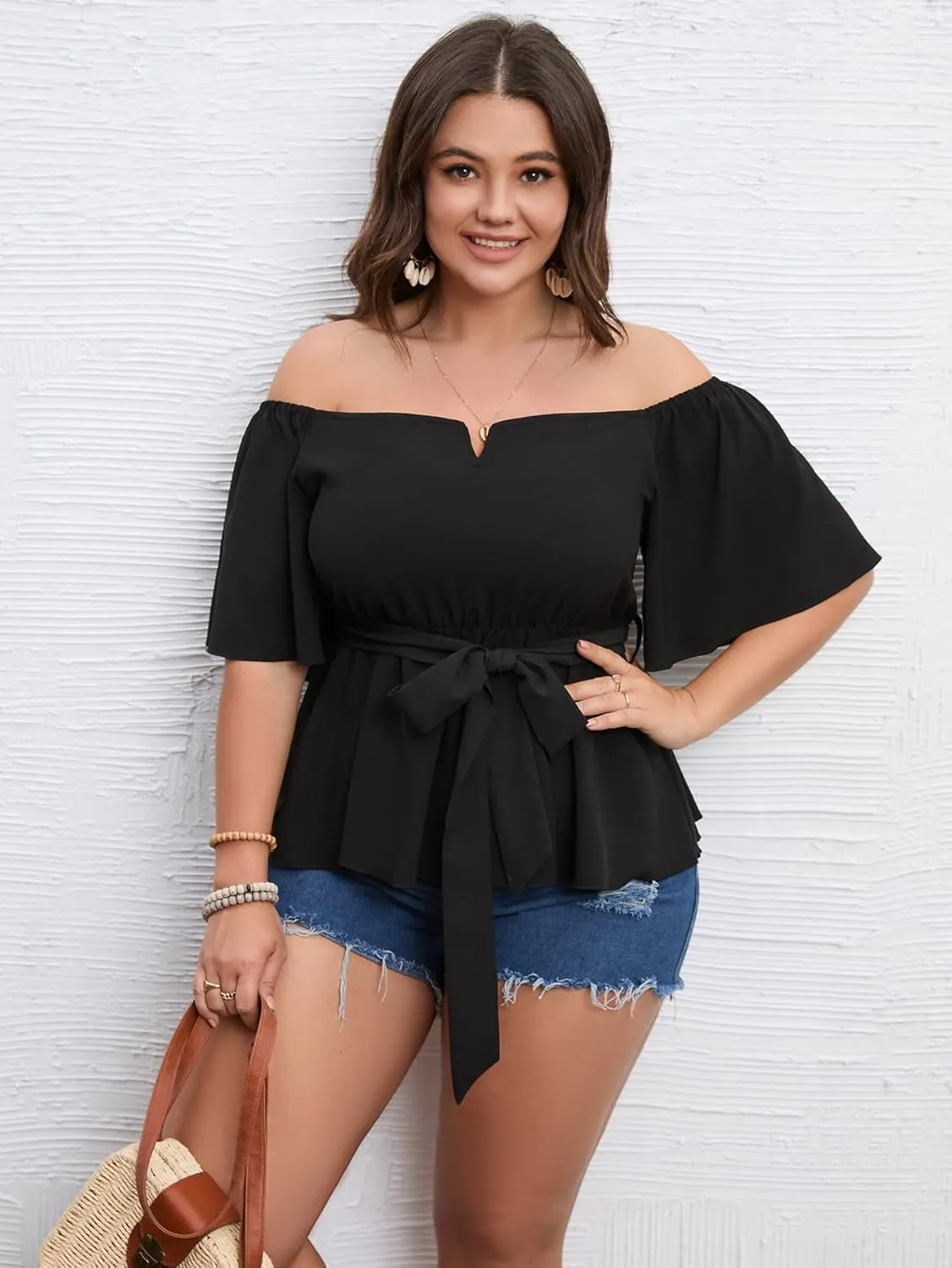 SCOMCHIC Women's Plus Size Off The Shoulder Peplum Blouse Top Half Bell Sleeve Tie Waist Ruffle Hem Babydoll Tops
