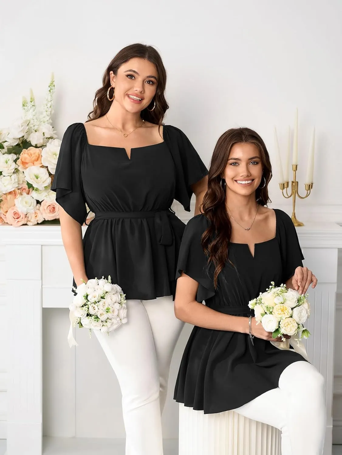 SCOMCHIC Women's Plus Size Off The Shoulder Peplum Blouse Top Half Bell Sleeve Tie Waist Ruffle Hem Babydoll Tops