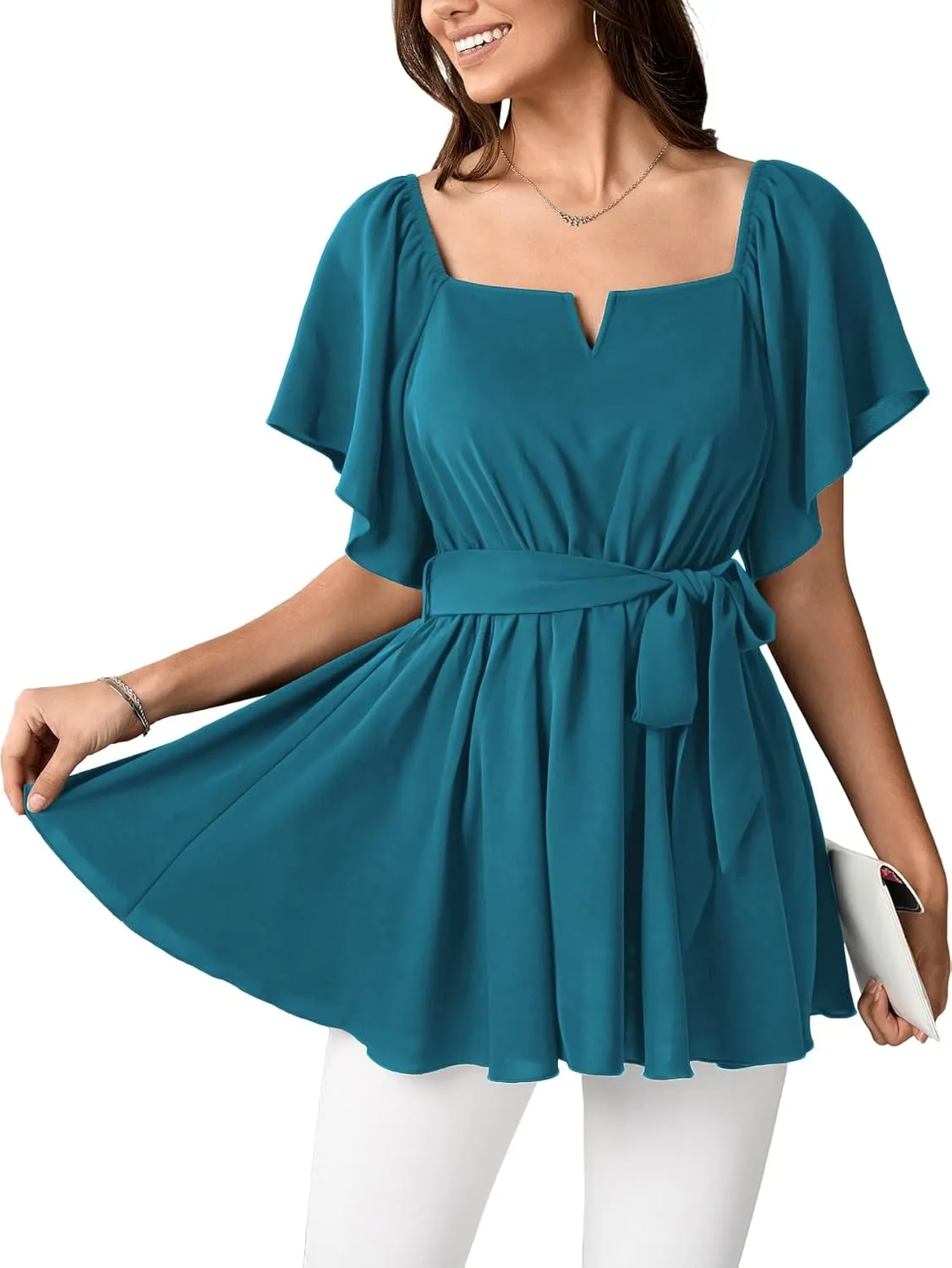 SCOMCHIC Women's Plus Size Off The Shoulder Peplum Blouse Top Half Bell Sleeve Tie Waist Ruffle Hem Babydoll Tops