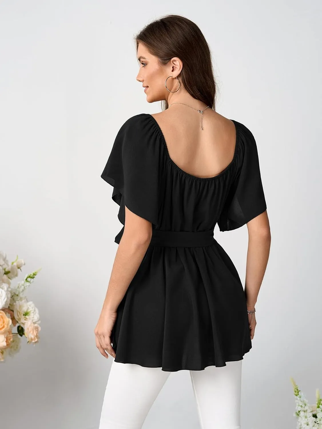 SCOMCHIC Women's Plus Size Off The Shoulder Peplum Blouse Top Half Bell Sleeve Tie Waist Ruffle Hem Babydoll Tops