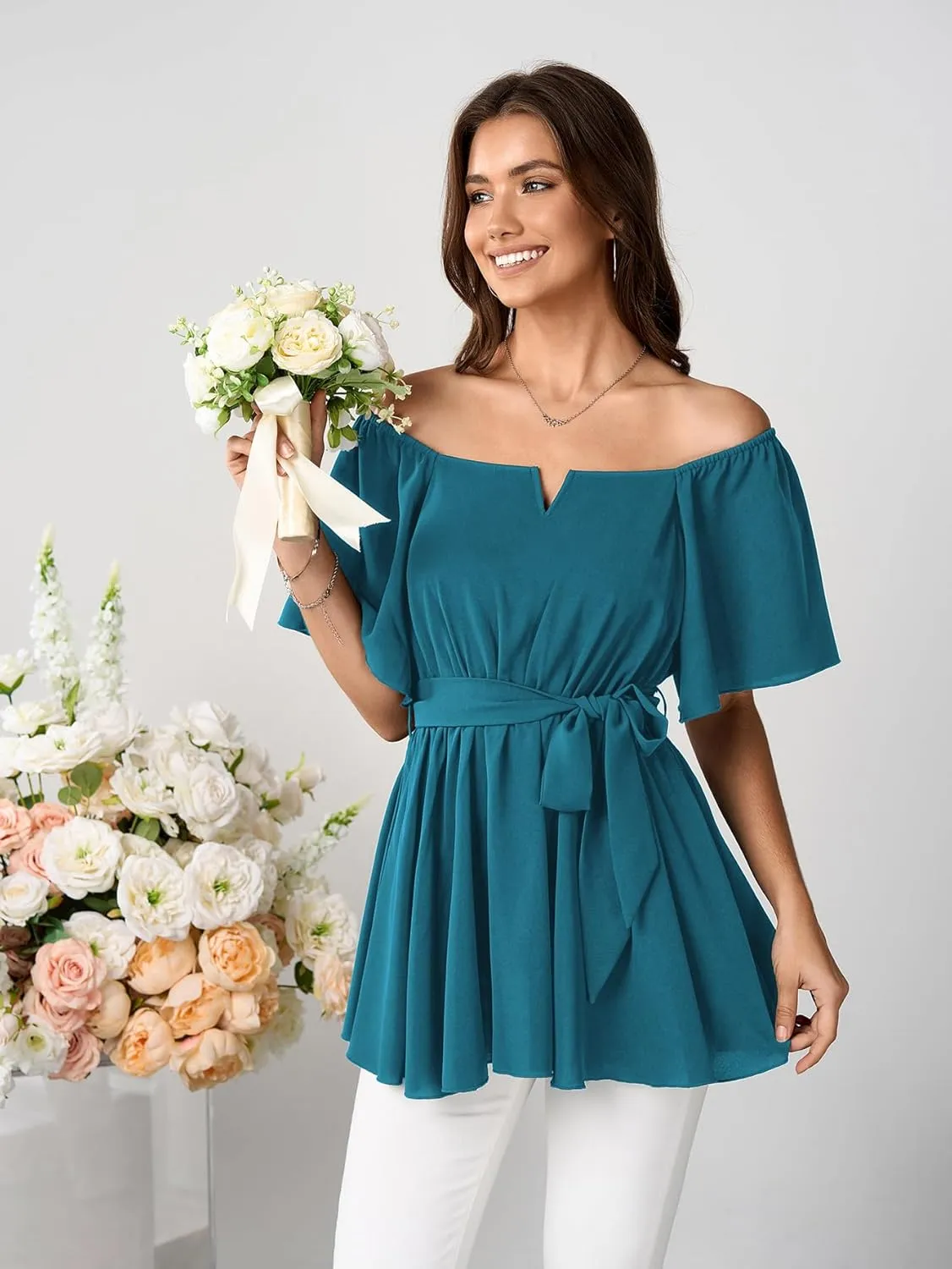 SCOMCHIC Women's Plus Size Off The Shoulder Peplum Blouse Top Half Bell Sleeve Tie Waist Ruffle Hem Babydoll Tops