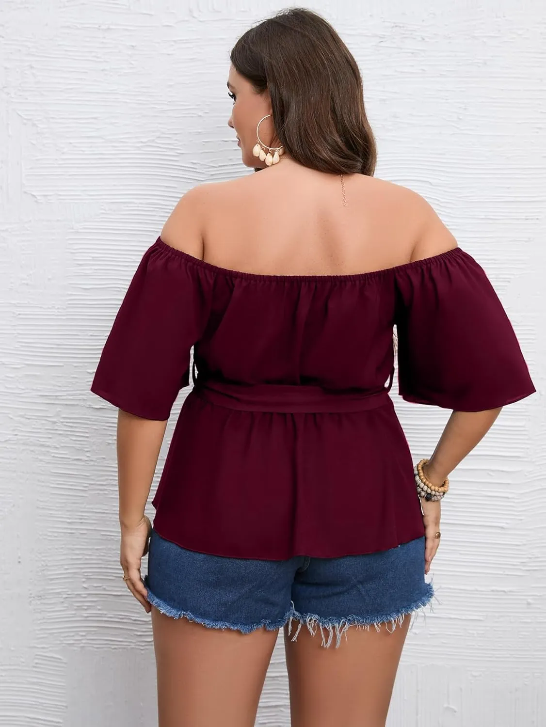 SCOMCHIC Women's Plus Size Off The Shoulder Peplum Blouse Top Half Bell Sleeve Tie Waist Ruffle Hem Babydoll Tops