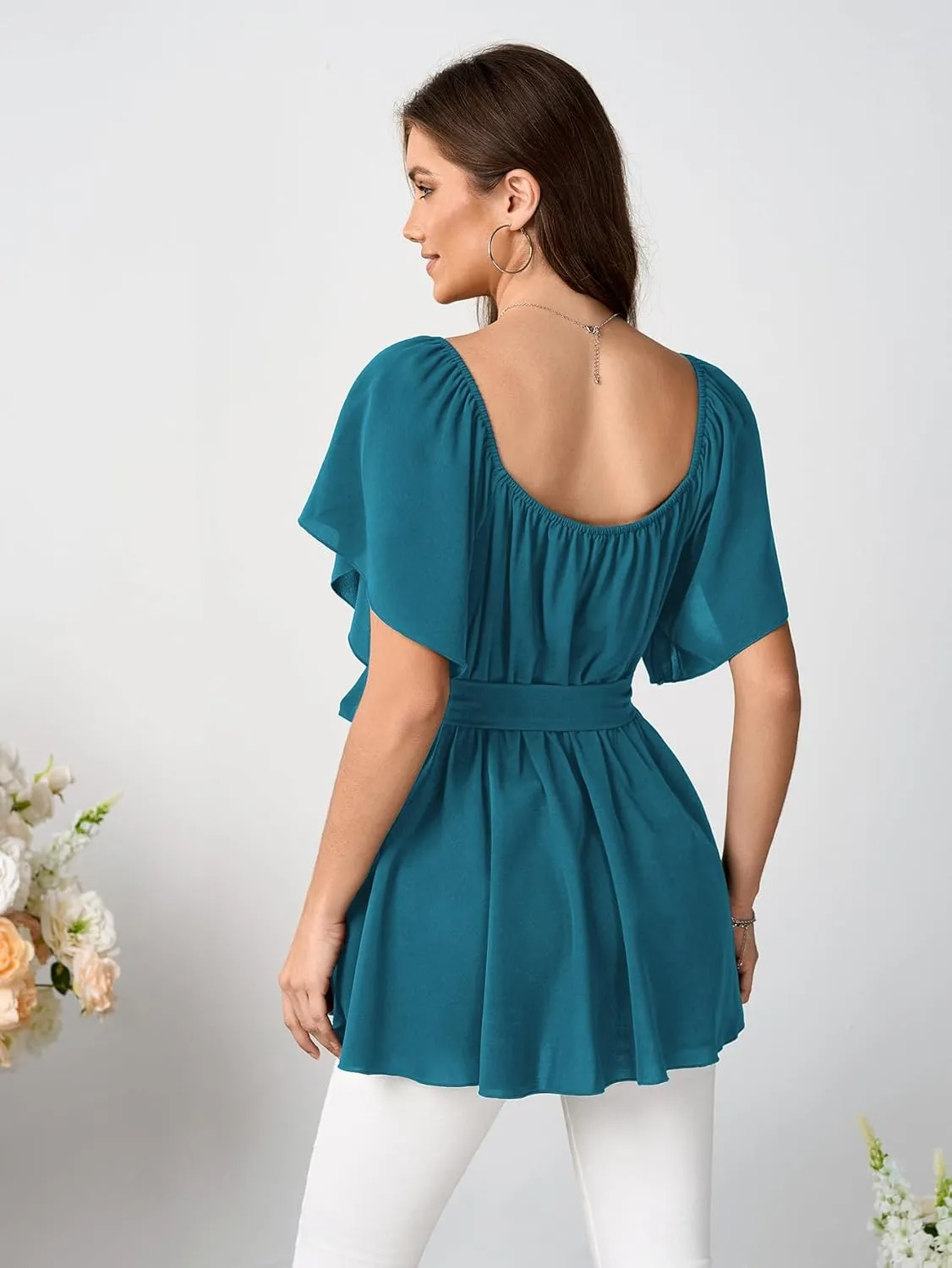 SCOMCHIC Women's Plus Size Off The Shoulder Peplum Blouse Top Half Bell Sleeve Tie Waist Ruffle Hem Babydoll Tops