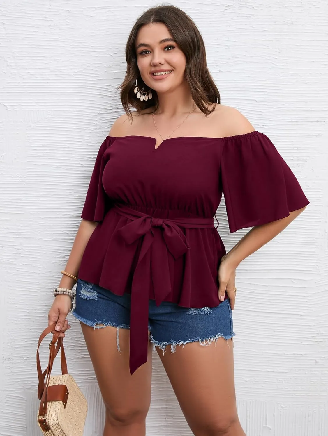SCOMCHIC Women's Plus Size Off The Shoulder Peplum Blouse Top Half Bell Sleeve Tie Waist Ruffle Hem Babydoll Tops