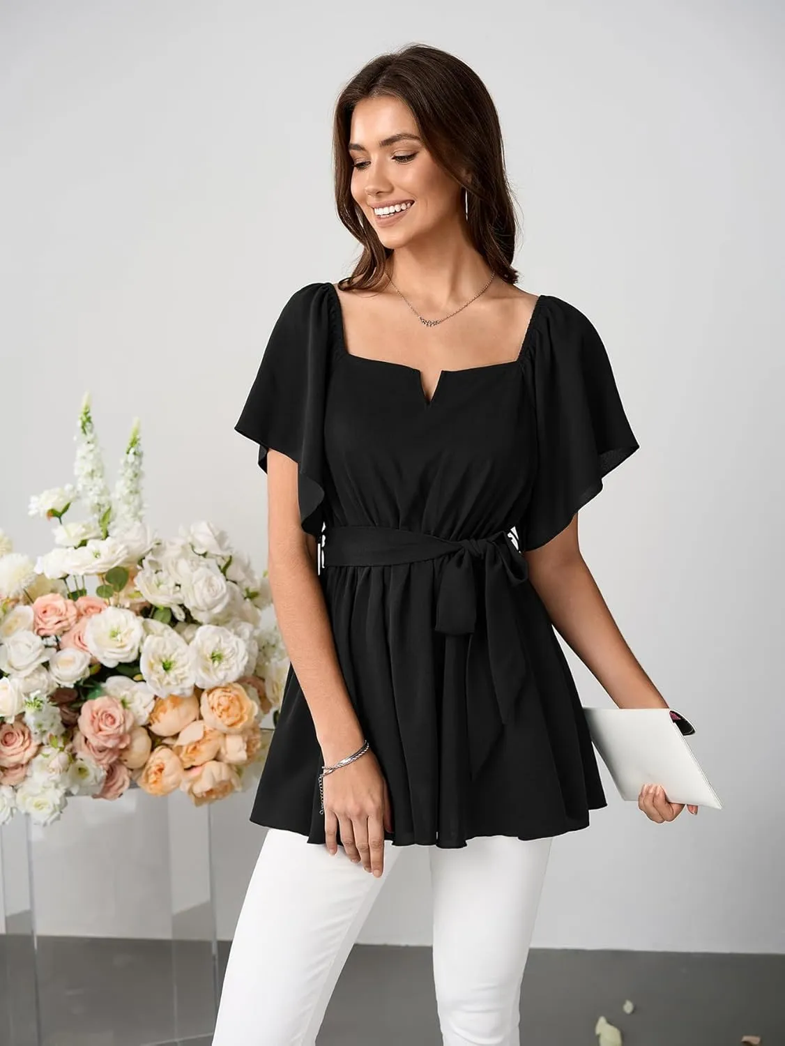 SCOMCHIC Women's Plus Size Off The Shoulder Peplum Blouse Top Half Bell Sleeve Tie Waist Ruffle Hem Babydoll Tops