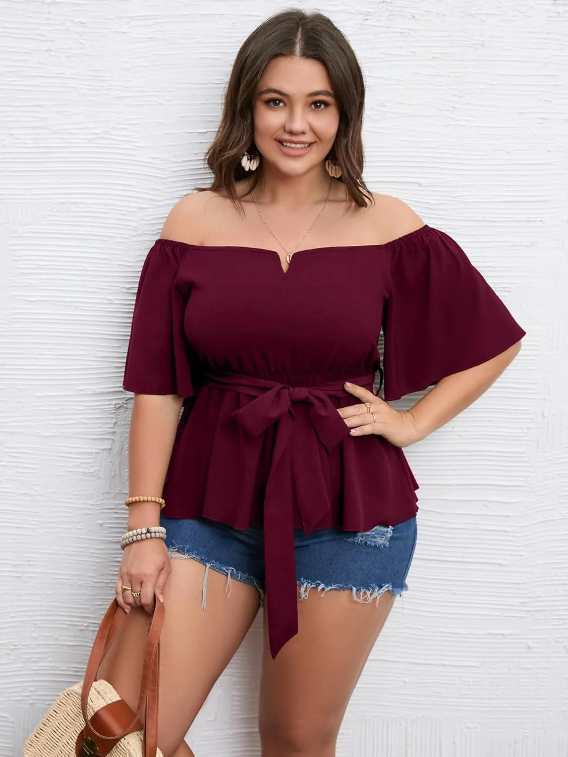 SCOMCHIC Women's Plus Size Off The Shoulder Peplum Blouse Top Half Bell Sleeve Tie Waist Ruffle Hem Babydoll Tops