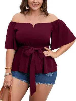 SCOMCHIC Women's Plus Size Off The Shoulder Peplum Blouse Top Half Bell Sleeve Tie Waist Ruffle Hem Babydoll Tops