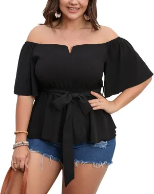 SCOMCHIC Women's Plus Size Off The Shoulder Peplum Blouse Top Half Bell Sleeve Tie Waist Ruffle Hem Babydoll Tops