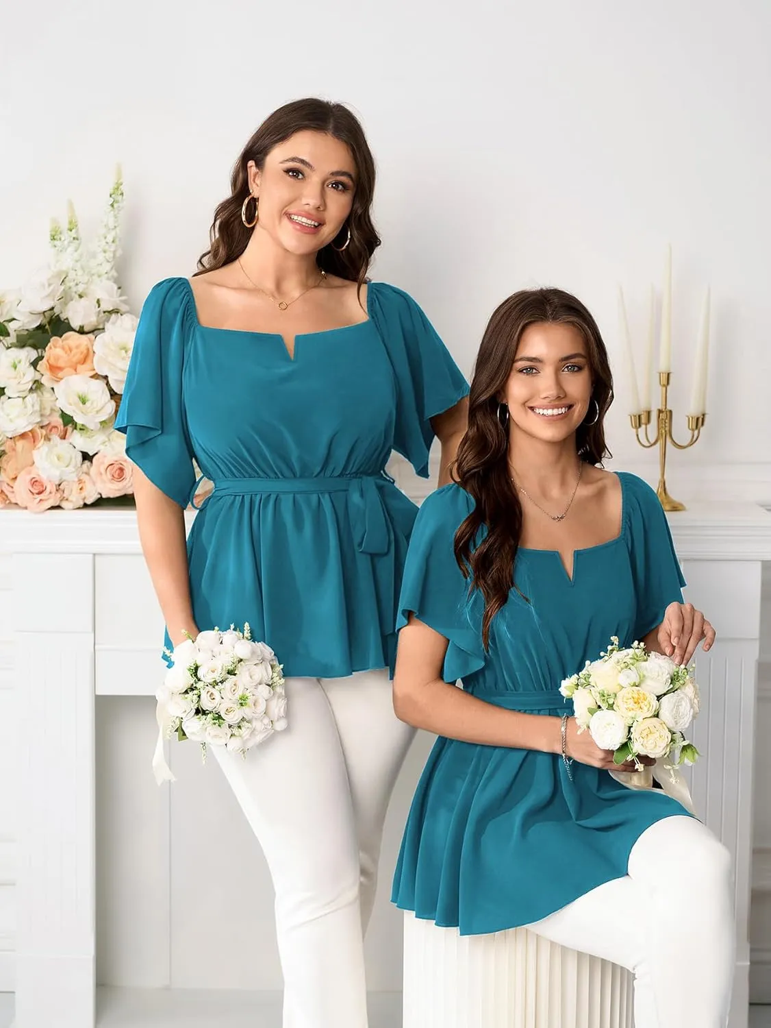 SCOMCHIC Women's Plus Size Off The Shoulder Peplum Blouse Top Half Bell Sleeve Tie Waist Ruffle Hem Babydoll Tops