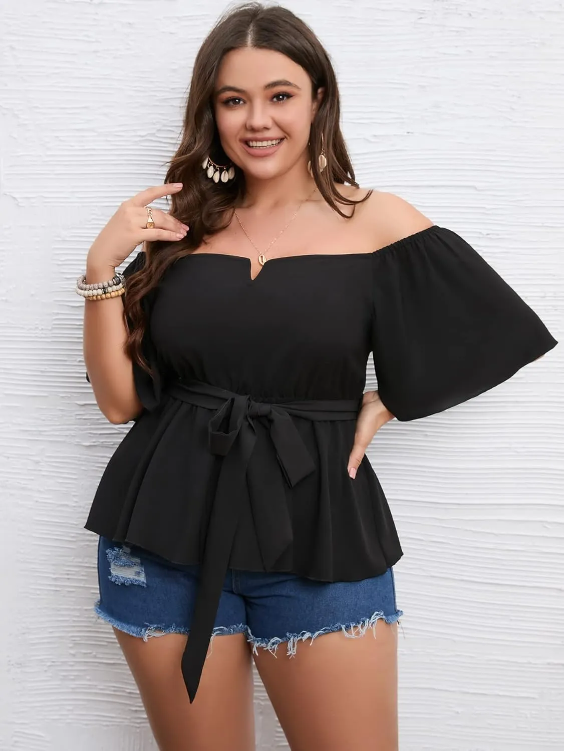 SCOMCHIC Women's Plus Size Off The Shoulder Peplum Blouse Top Half Bell Sleeve Tie Waist Ruffle Hem Babydoll Tops