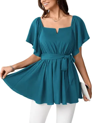 SCOMCHIC Women's Plus Size Off The Shoulder Peplum Blouse Top Half Bell Sleeve Tie Waist Ruffle Hem Babydoll Tops