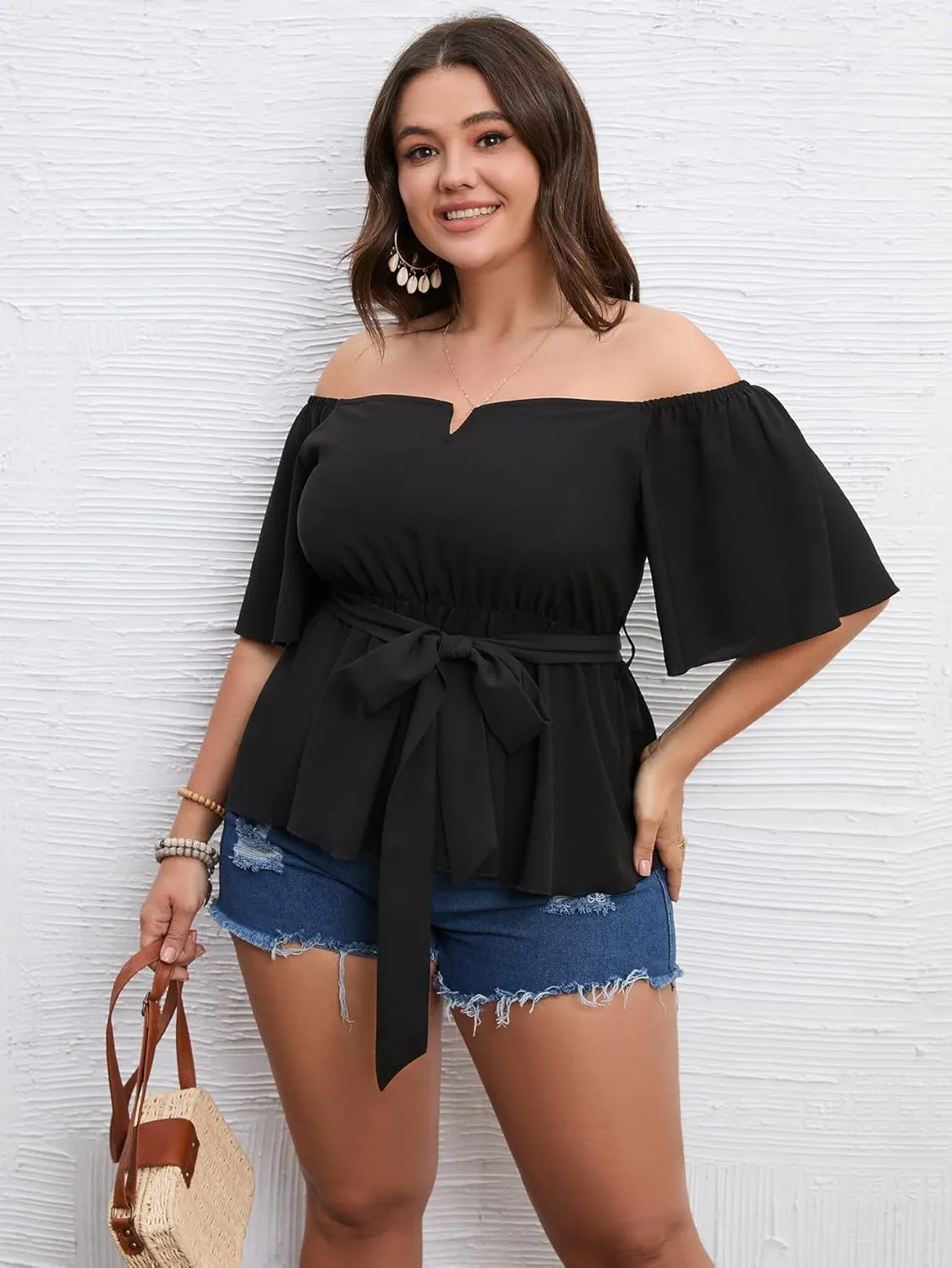 SCOMCHIC Women's Plus Size Off The Shoulder Peplum Blouse Top Half Bell Sleeve Tie Waist Ruffle Hem Babydoll Tops