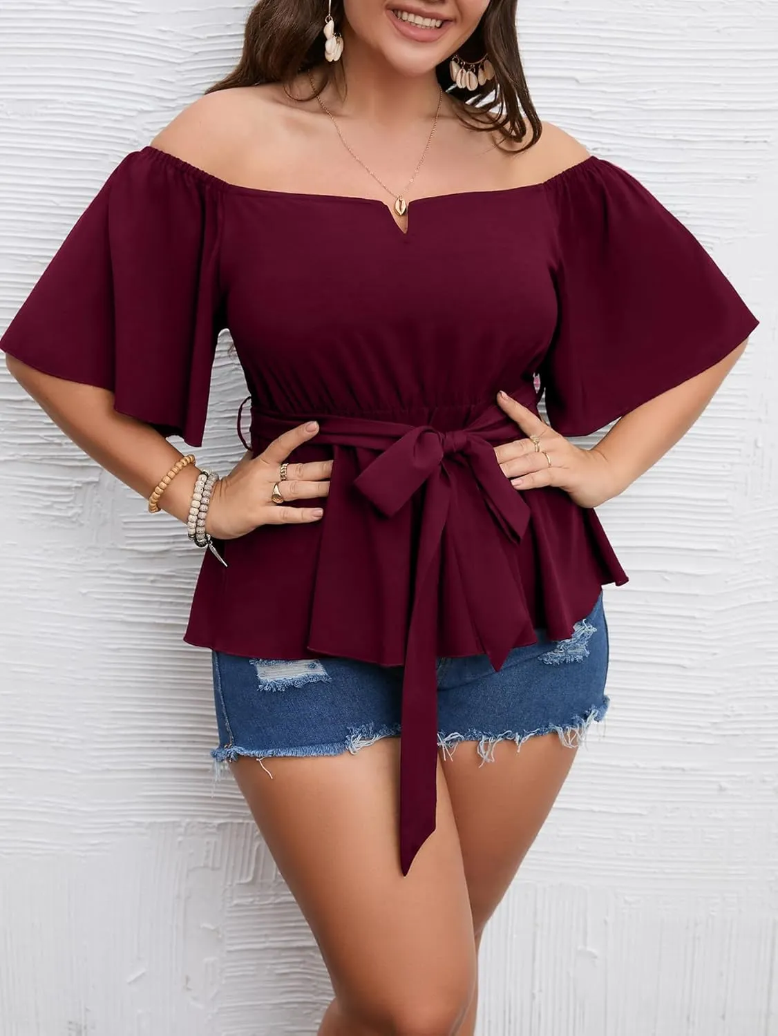 SCOMCHIC Women's Plus Size Off The Shoulder Peplum Blouse Top Half Bell Sleeve Tie Waist Ruffle Hem Babydoll Tops