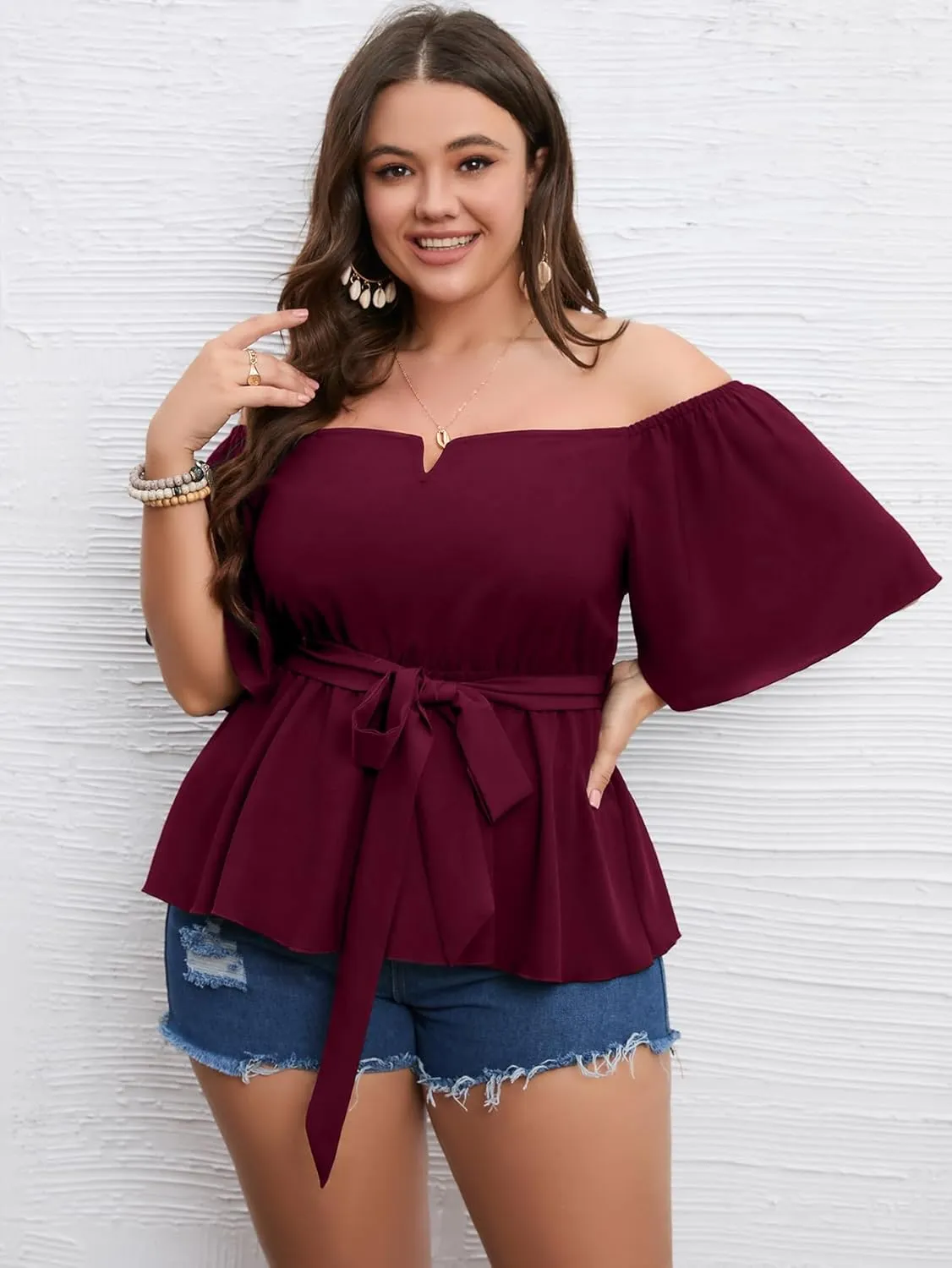 SCOMCHIC Women's Plus Size Off The Shoulder Peplum Blouse Top Half Bell Sleeve Tie Waist Ruffle Hem Babydoll Tops