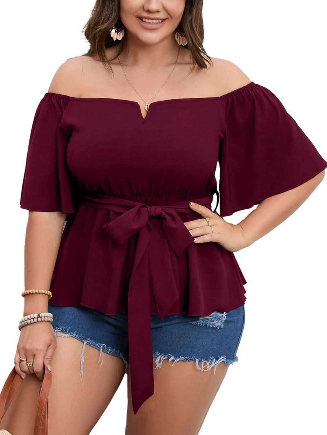 SCOMCHIC Women's Plus Size Off The Shoulder Peplum Blouse Top Half Bell Sleeve Tie Waist Ruffle Hem Babydoll Tops