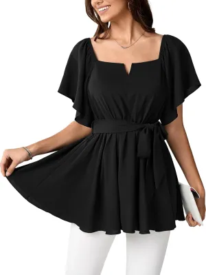 SCOMCHIC Women's Plus Size Off The Shoulder Peplum Blouse Top Half Bell Sleeve Tie Waist Ruffle Hem Babydoll Tops