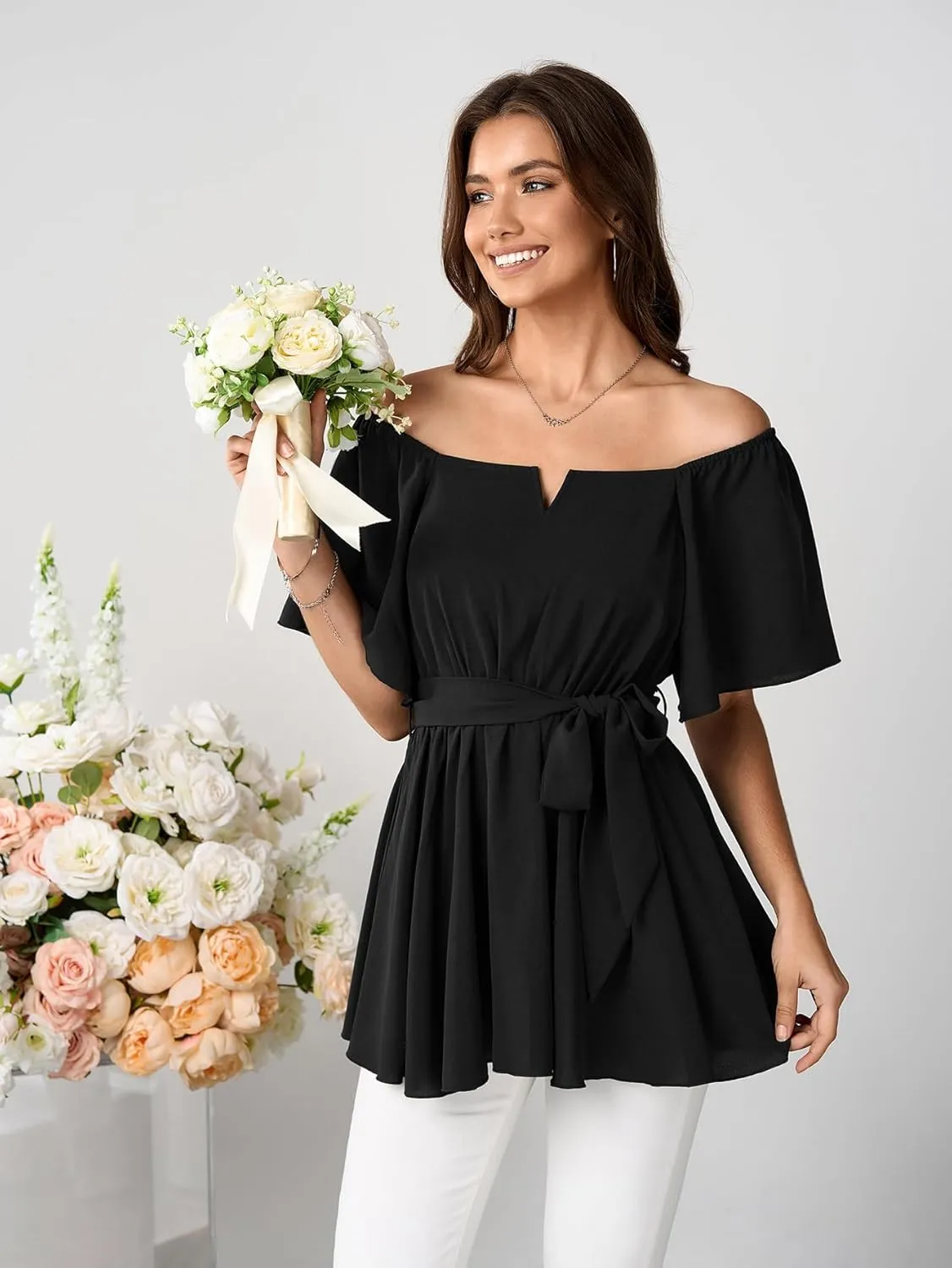 SCOMCHIC Women's Plus Size Off The Shoulder Peplum Blouse Top Half Bell Sleeve Tie Waist Ruffle Hem Babydoll Tops